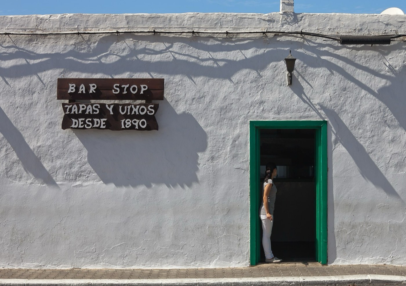Casas blancas del pueblo de Yaiza con palmeras y montañas al fondo